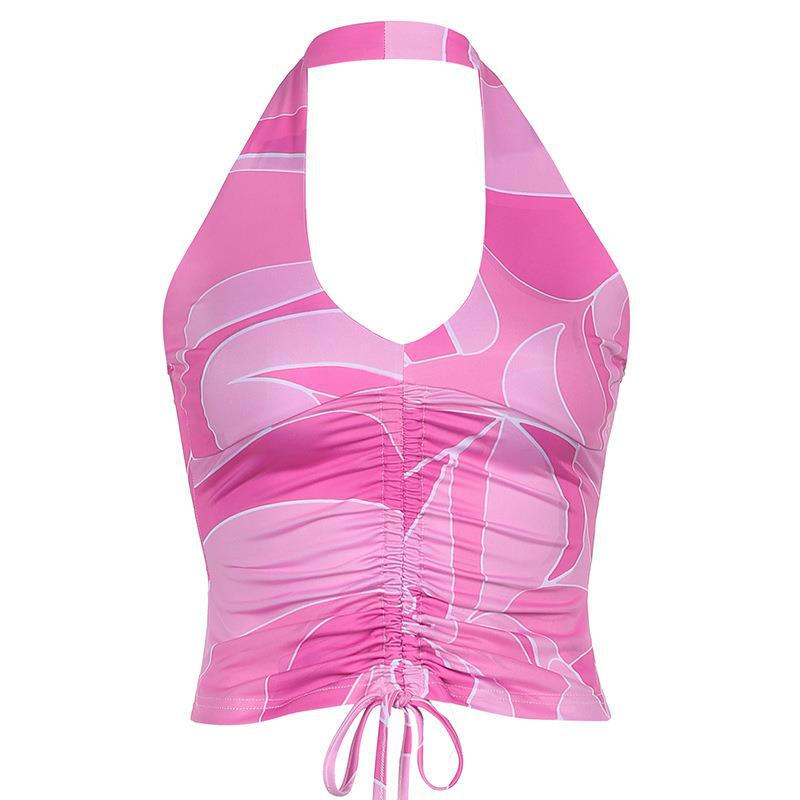 Smocked Abstract Print Cropped Sleeveless Open-back Tank Top