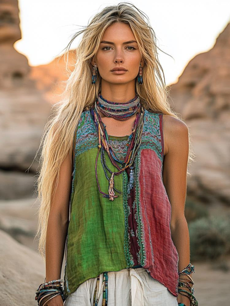 Crew-neck Tank Top With A Floral And Botanical Print