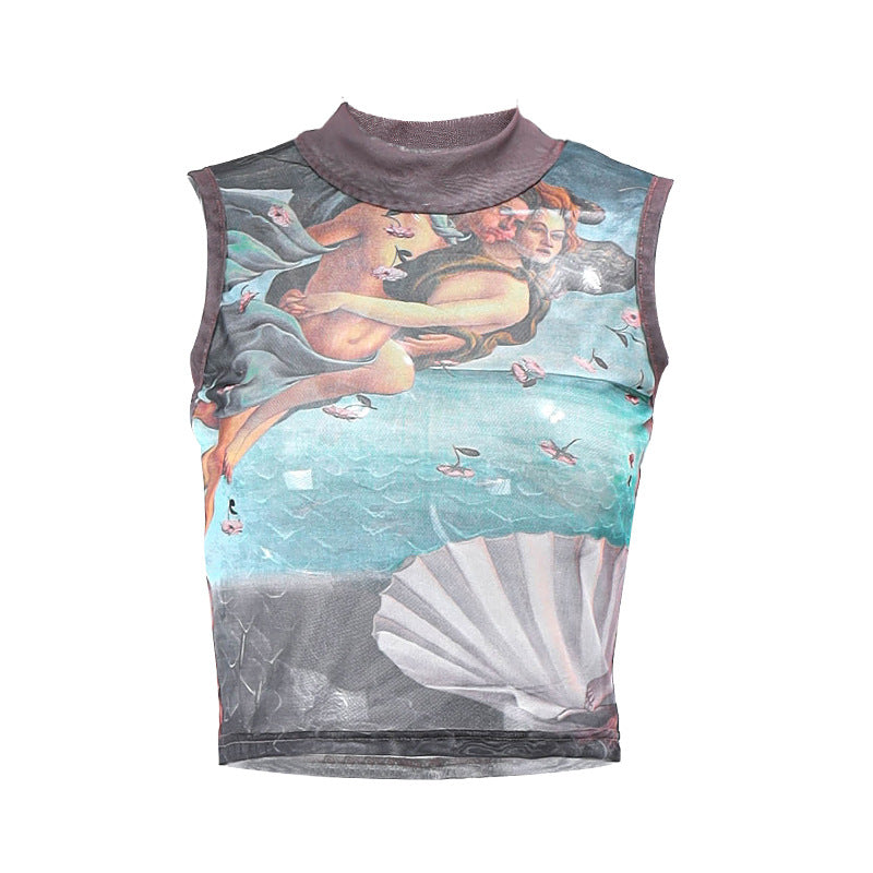 Casual Vintage Abstract Print Cropped Turtleneck Tank Top