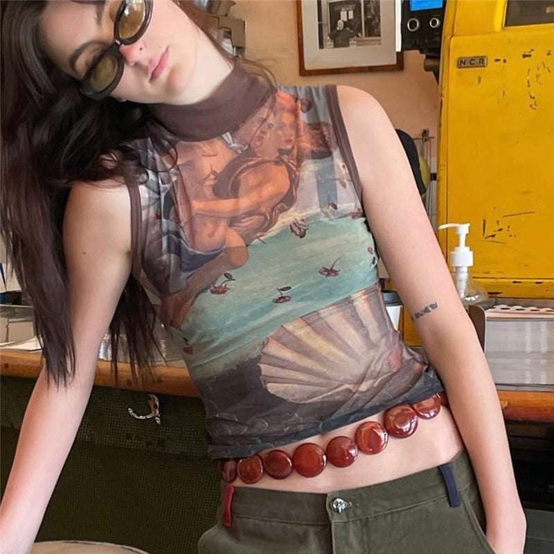 Casual Vintage Abstract Print Cropped Turtleneck Tank Top
