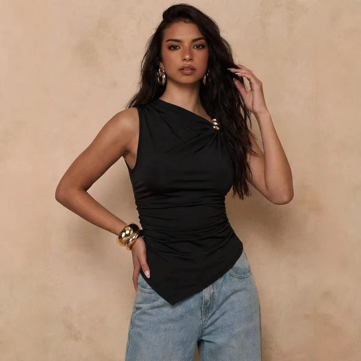Solid-color Asymmetrical Pleated Figure-flattering Sleeveless Tank Top