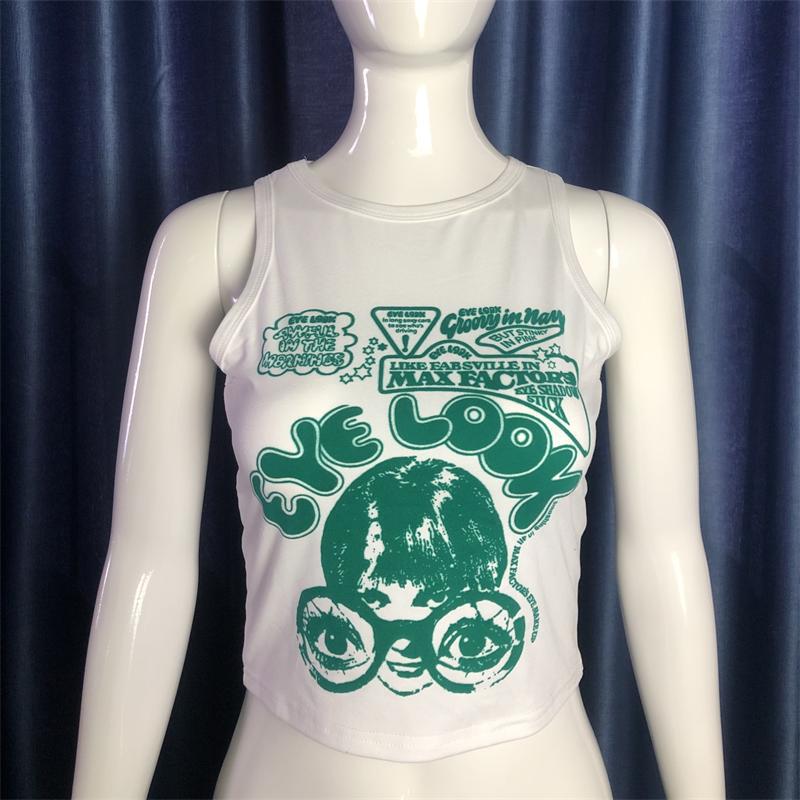 Sleeveless Portrait Print Cropped Casual Crew Neck Slim Racer Tank Top