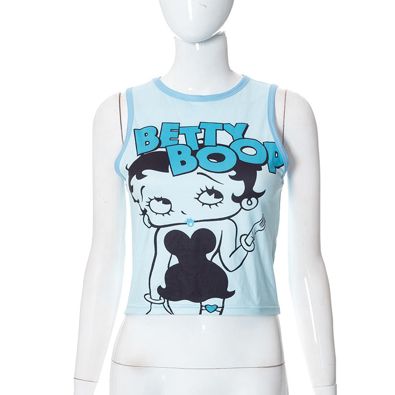 Sleeveless Portrait Print Cropped Casual Crew Neck Slim Racer Tank Top
