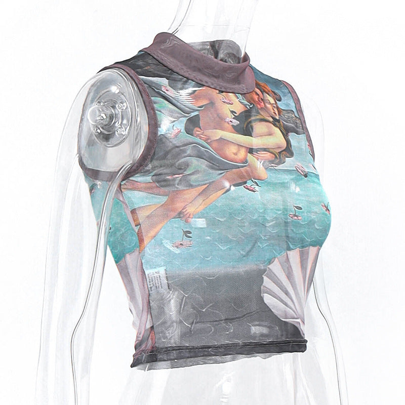 Casual Vintage Abstract Print Cropped Turtleneck Tank Top