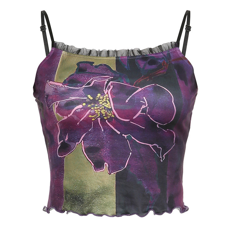 Vintage Printed Suspender With Lace Underneath Tank Top