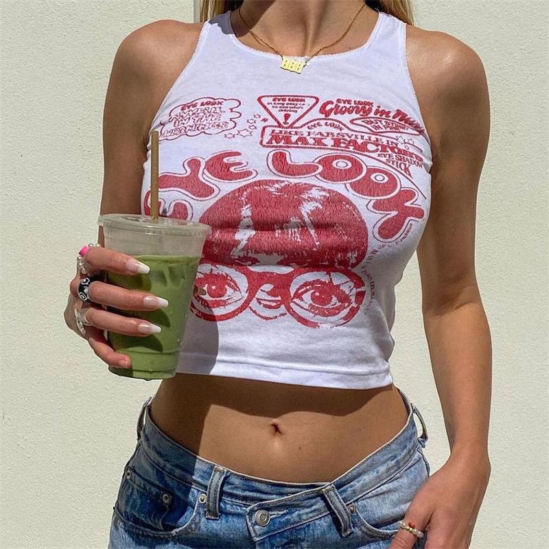 Sleeveless Portrait Print Cropped Casual Crew Neck Slim Racer Tank Top