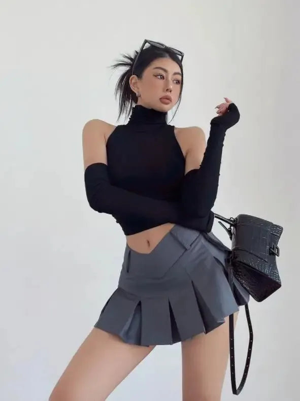 Spring Summer Top Sexy Tank Top Spicy Girl Sleeves High Neck Pleated Club Crop Top Women tshirt Skinny Streetwear Y2k Clothing