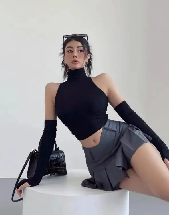 Spring Summer Top Sexy Tank Top Spicy Girl Sleeves High Neck Pleated Club Crop Top Women tshirt Skinny Streetwear Y2k Clothing