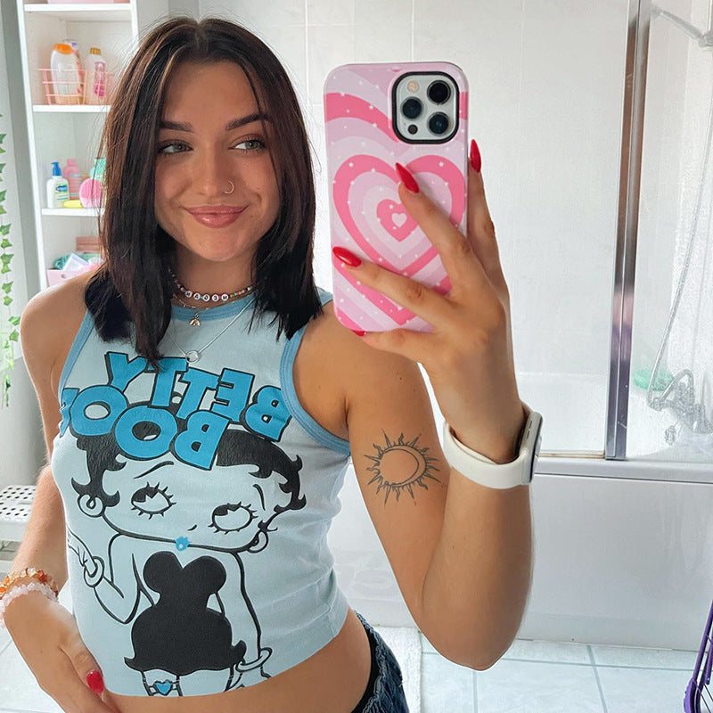 Sleeveless Portrait Print Cropped Casual Crew Neck Slim Racer Tank Top