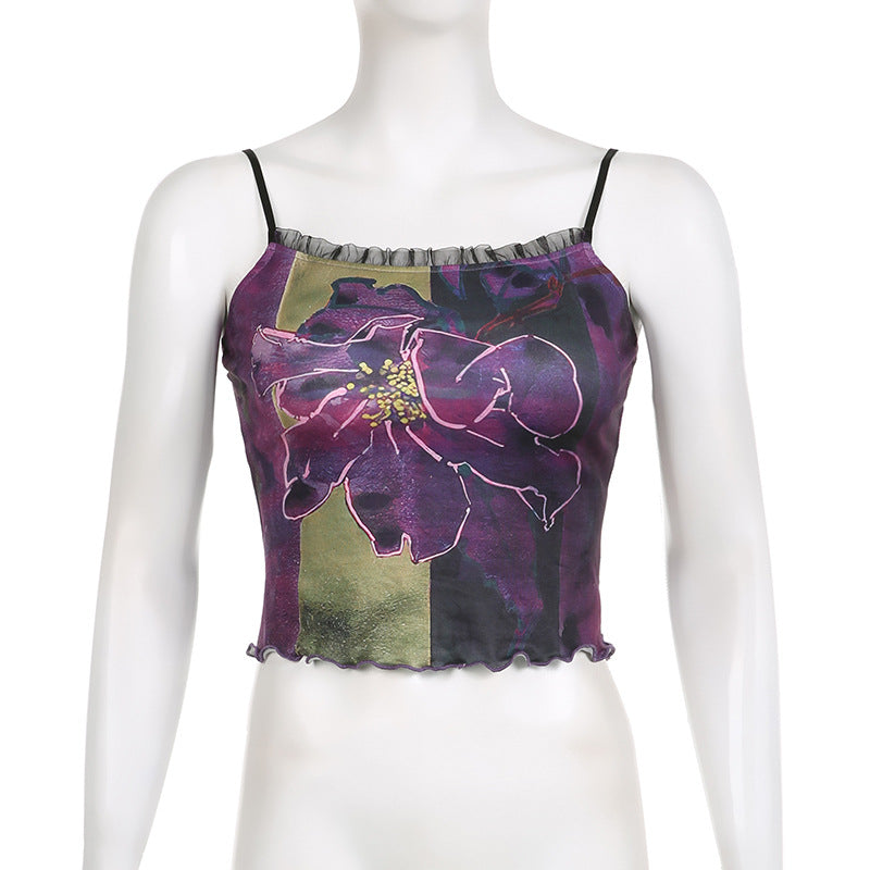 Vintage Printed Suspender With Lace Underneath Tank Top