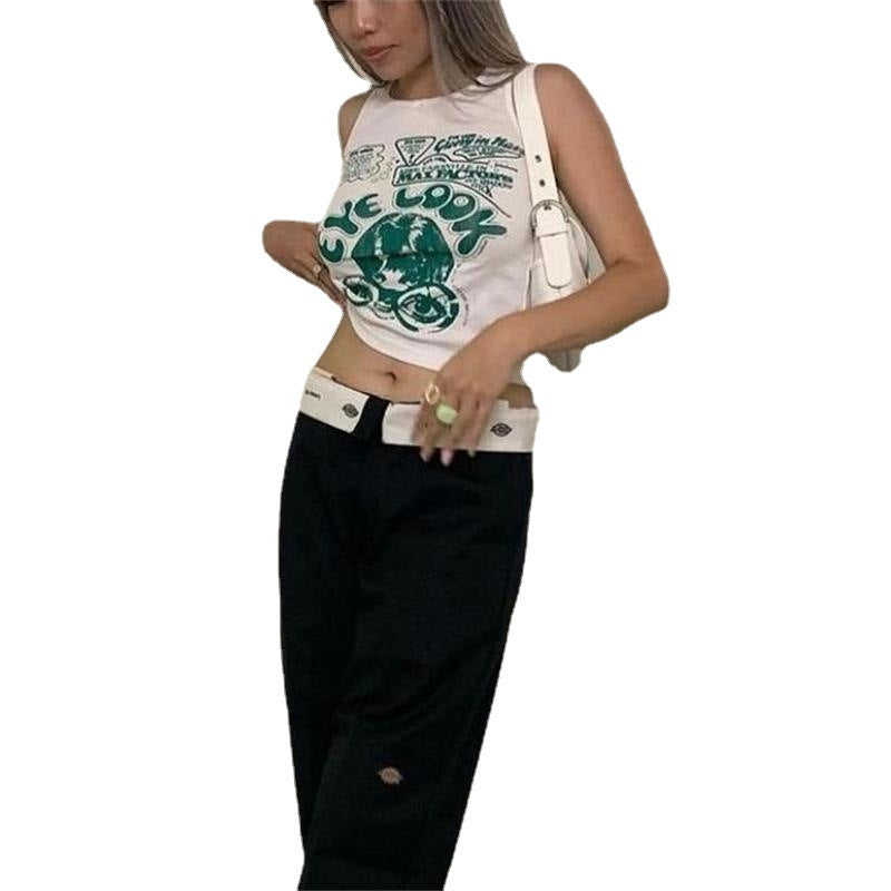 Sleeveless Portrait Print Cropped Casual Crew Neck Slim Racer Tank Top