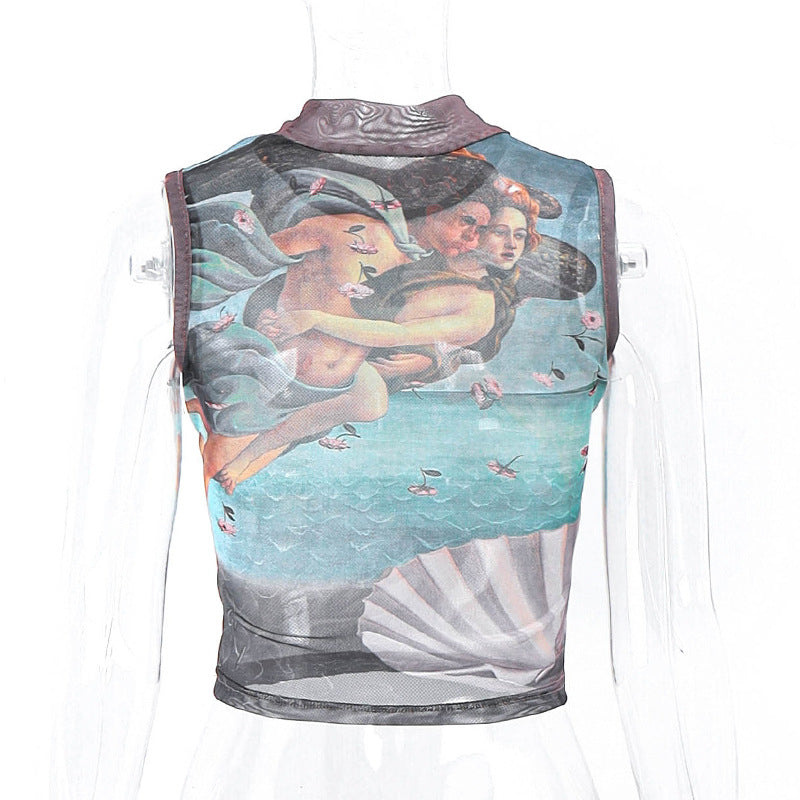 Casual Vintage Abstract Print Cropped Turtleneck Tank Top