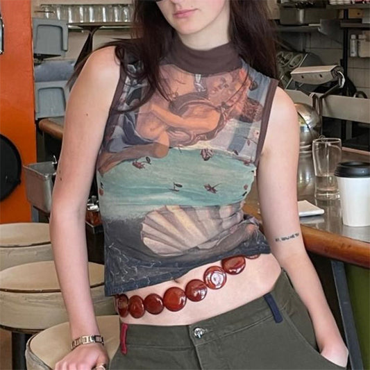 Casual Vintage Abstract Print Cropped Turtleneck Tank Top